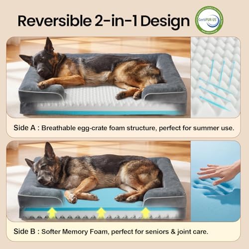 OhGeni Orthopedic Extra Large Dog Bed Couch, Memory Foam, 44-inch (Gray)