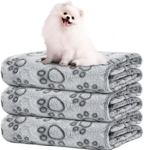 LOKOZ 1 Pack 3 Blankets Soft Fleece Dog Blanket for Puppies Small Dogs Kitten, Washable Flannel Cat Pet Blanket for Couches Bed, Cute Grey Paw Print Throw for Crate Carrier, 24"x32"