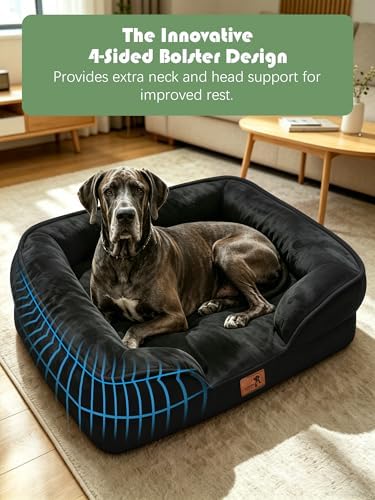 Spotted Play Orthopedic Dog Bed with Sides - Sofa Beds for Extra Large Dogs, Supportive Foam Pet Couch Bed with Washable Removable Cover, Waterproof Lining and Non-Slip Bottom, Black - XXL