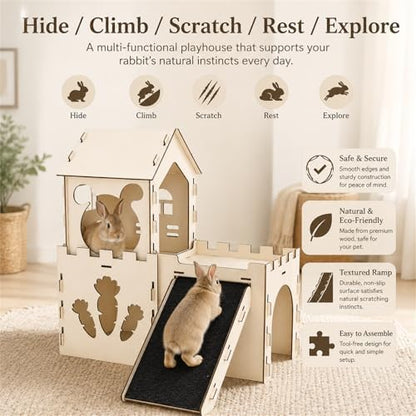 Large Bunny House and Hideouts, Wooden Dual-Layer Rabbit Castle with Stair, Sturdy Habitat for Guinea Pig Chinchilla Ferret (Extra Large-3 House with Anti-Slip Ramp)