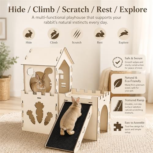 Large Bunny House and Hideouts, Wooden Dual-Layer Rabbit Castle with Stair, Sturdy Habitat for Guinea Pig Chinchilla Ferret (Extra Large-3 House with Anti-Slip Ramp)
