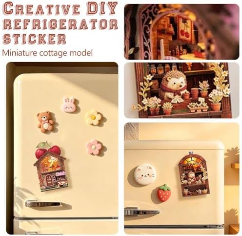 DIY Mini Wooden House Model Kit with LED Light, Magnetic Back Miniature Scene Decor, Compact Handmade Craft Ornament for Fridge Desktop Gift (Patissier)