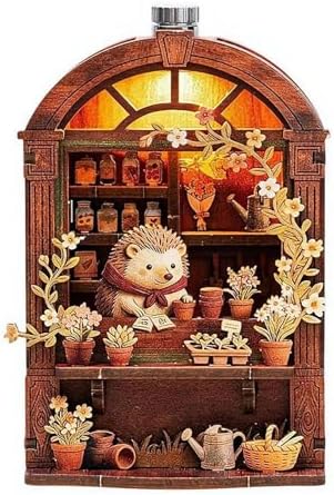 DIY Mini Wooden House Model Kit with LED Light, Magnetic Back Miniature Scene Decor, Compact Handmade Craft Ornament for Fridge Desktop Gift (Hedgehog)