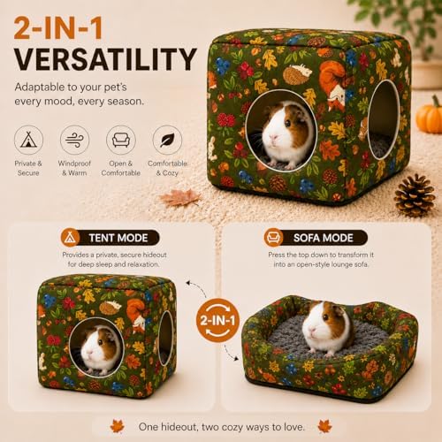 Guinea Pig Hideout House with Removable Cushion, Washable Small Animal Cube Bed, Cozy Bunny Hideaway for Guinea Pigs, Chinchillas, Hedgehogs, Hamsters & Dwarf Rabbits