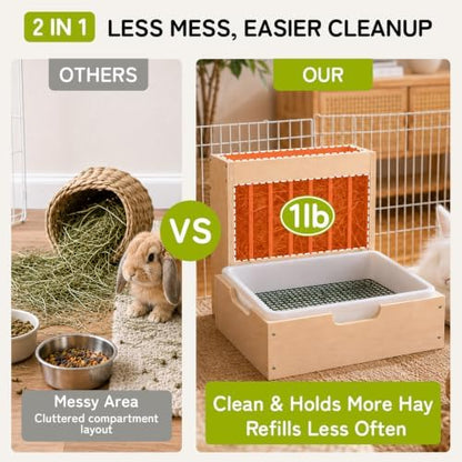 2 in 1 Extra Large Rabbit Hay Feeder with Litter Box, Wooden Bunny Toilet, for Large and Medium-Sized Dwarf Rabbit, Other Animals