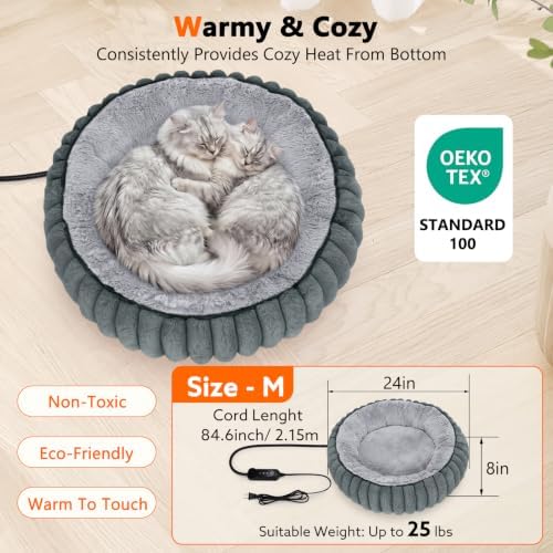INVENHO Heated Cat Beds for Indoor Cats and Small Dogs, 24" Cozy Donut Heated Pet Bed with Timer & Temp Adjustable, Removable Waterproof Electric Warming Bed for Indoor Cat