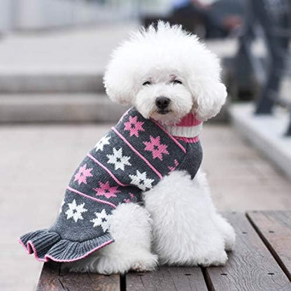 KYEESE Dog Sweater Warm Dogs Clothes Fall Winter Pet Coats Dog Sweater Dress with Classic Snowflake Pattern for Small Dogs Turtleneck Pullover Knit for Girl Pet Sweater with Leash Hole, Grey, Medium