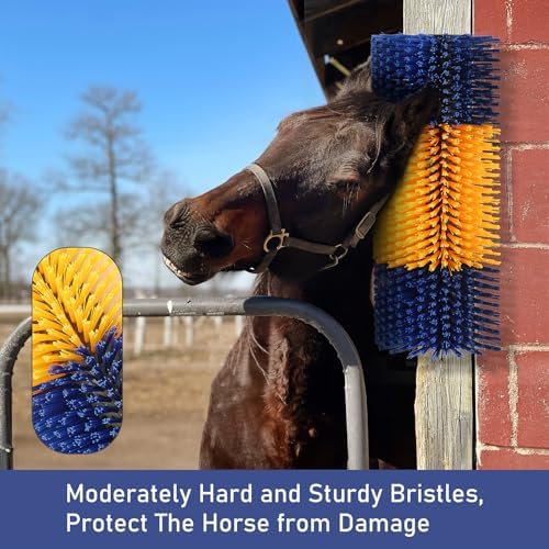 Livestock Scratch Brush, Cow Brush with 2 Screws, Cattle Scratcher, Horse Brushes for Grooming, Cattle Supplies for Horse, Goat, Cow, Pig Scratching Itch Relief (Blue & Yellow)