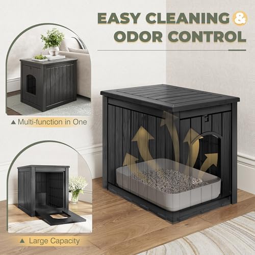 Cat Litter Box Enclosure, Openable Front Door Outdoor Enclosed Cat Litter Box, Outdoor Cat House Weatherproof Raised Floor, Easy to Clean, Black