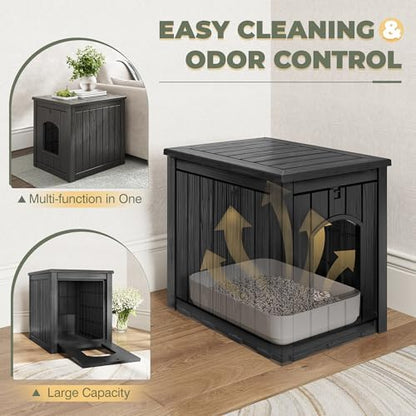 Cat Litter Box Enclosure, Openable Front Door Outdoor Enclosed Cat Litter Box, Outdoor Cat House Weatherproof Raised Floor, Easy to Clean, Black