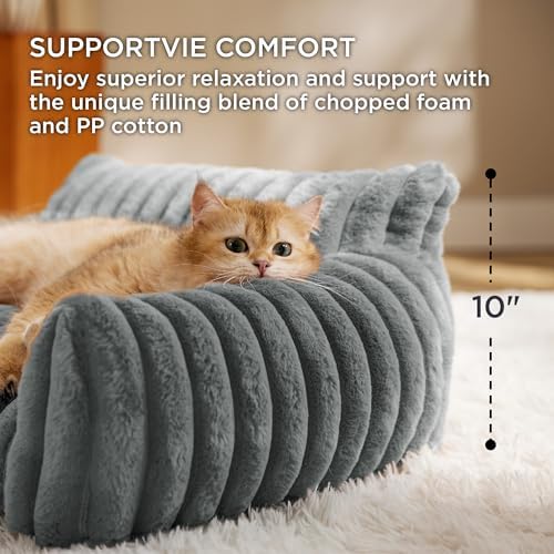 Bedsure ComfyFleece Cat Couch for Pets - Fluffy Cat Sofa with Premium Soft Corduroy Fleece, Fluffy Pet Couch Bed with Removable Washable Cover, Supportive Pet Chair for Indoor Cats, 24inch, Warm Grey