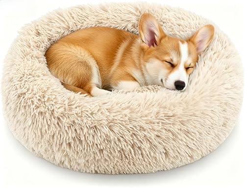 Calming Donut Dog and Cat Bed for Indoor Cats, Anti-Anxiety Round Fluffy Soft Washable Small Pet Bed for Puppy and Kitten, Warming Comfortable Luxury Anti-Slip Waterproof Mute Base 20in Light Brown