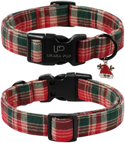 Christmas Dog Collar– Adjustable Red & Green Checkered Dog Collar for Small Medium Large Dogs, Soft Xmas Plaid Puppy Collars with Quick Release Buckle S