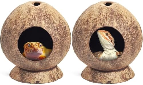 PINVNBY 2 Pcs Natural Coconut Shell Reptile Hideouts Crested Gecko Tank Accessories for Small Lizard Leopard Gecko Spider Snail Hermit Crab Hideout