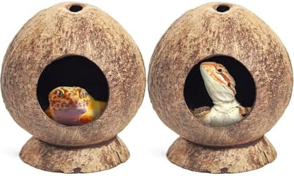 PINVNBY 2 Pcs Natural Coconut Shell Reptile Hideouts Crested Gecko Tank Accessories for Small Lizard Leopard Gecko Spider Snail Hermit Crab Hideout