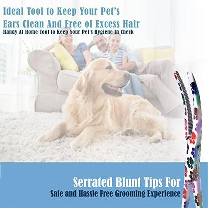Dog Pet Ear/Nose Hair Puller Grooming Hemostat Locking Forceps Curved Pliers, 5.5" (14cm) Full Serrated Clamps Stainless Steel (White Multi Paws)
