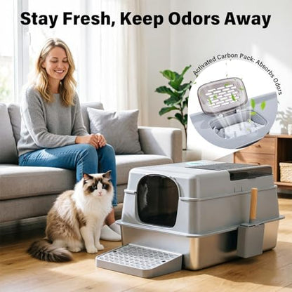 Stainless Steel Litter BoxWith Lid,XXXL Metal Litter Box