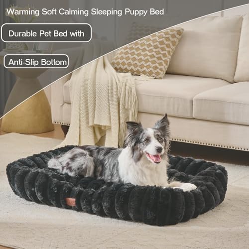 Luxury Dog Beds,Large Sized Dog Washable Furry Pet Beds,Comfort Rectangle Pet Sofa Couch with Ultra,Puppy Beds with Removable Zipper Cover,30x25x7.5inches,Black