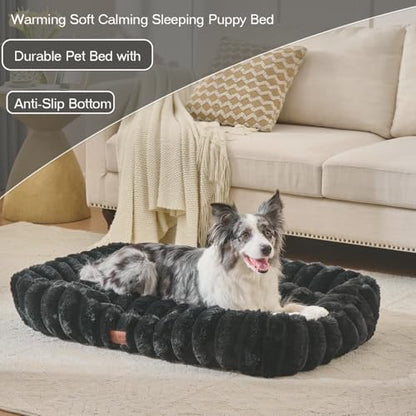 Luxury Dog Beds,Large Sized Dog Washable Furry Pet Beds,Comfort Rectangle Pet Sofa Couch with Ultra,Puppy Beds with Removable Zipper Cover,30x25x7.5inches,Black