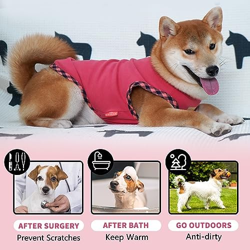 KYEESE Dog Shirt (2Pack Grey+Pink, Large) - Stretchy Velvet Pullover Vest, Lightweight Fleece, Sleeveless, Plaid Binding, Button Decoration, Breathable, Comfortable, for Small Dogs