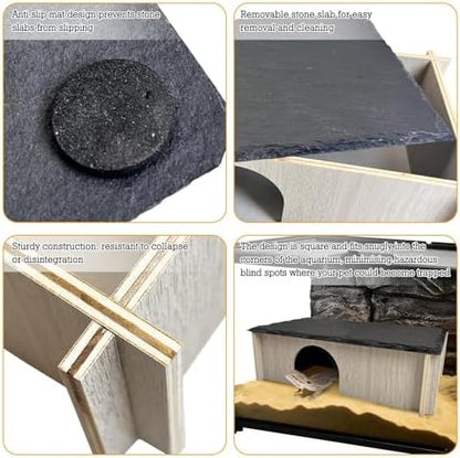 PINVNBY Bearded Dragon Basking Platform, Wood Reptile Hides and Caves, Crested Gecko Hide with Slate Rock, Leopard Gecko Tank Accessories for Small Lizard Snake (M: 9.84x5.9x2.76 inches)