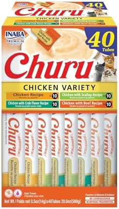 INABA Churu Cat Treats, Lickable, Squeezable Creamy Purée Cat Treat with Green Tea Extract & Taurine, 0.5 Ounces Each Tube, 40 Tubes, Chicken Variety Box