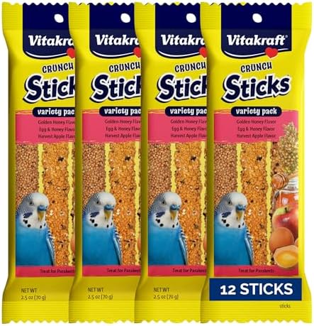 Vitakraft Crunch Sticks Parakeet Treat - Triple-Baked Millet Parakeet Treats with Natural Wood Center - Crunchy & Nutritious Bird Treat Sticks for Small Animals (12 Count, Honey, Egg, and Apple)