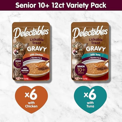 Delectables Lickable Treat Gravy Senior 10+ Variety Wet Cat Treat & Food Topper, Food Topper, Hydrating, Grain-Free, No Fillers, No by-Products, No Added Preservatives, 1.4-oz Pouch, 12 Count