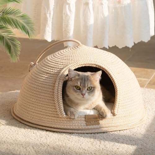 Cat Cave Bed with Washable Cushion and Ball, Handwoven Cotton Rope Cat Basket Bed for Indoor Cats Bed Covered, 3-in-1 Scratching, Playing & Sleeping, All Season Universal(White)