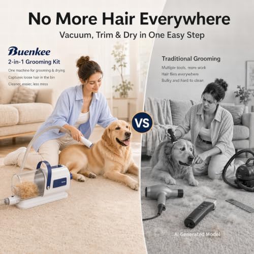 Buenkee Dog Grooming Vacuum & Blow Dryer Kit, Pet Clipper, 15000Pa Suction