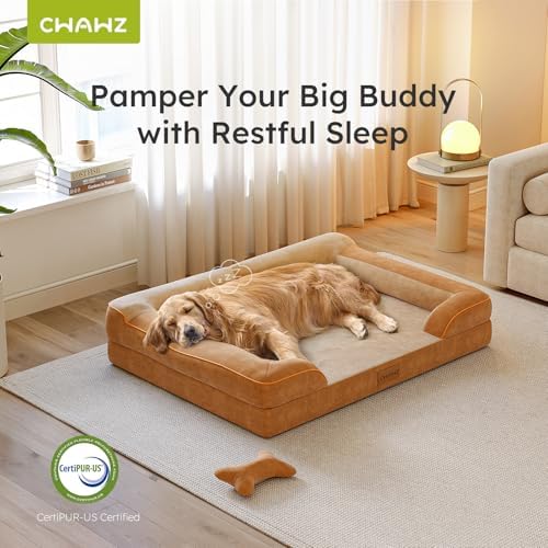CWAWZ Extra Large Dog Bed, Orthopedic Dog Beds with Cooling Gel Memory Foam, Waterproof XL Pet Bed with Removable Washable Cover, 42" Pet Sofa Couch Dutch Velvet with Bone Toy, Brown