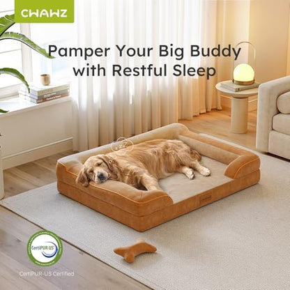 CWAWZ XXL Dog Bed for Extra Large Dogs, Giant Orthopedic Dog Bed with Cooling Gel Memory Foam, Waterproof Pet Bed with Removable Washable Cover, 53" Pet Sofa Bed Dutch Velvet with Bone Toy, Brown