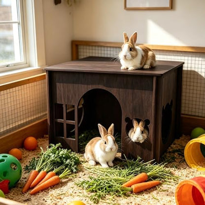 Large Sturdy Wooden Rabbit Castle Hideout with Spacious Balcony, Detachable Bunny Playhouse Hideaway Cage Accessories, Indoor Habitat Toys for Guinea Pig Chinchilla Hamster Gerbil Small Animals