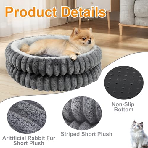 Cat Beds for Indoor Cats,Washable Round Donut Dog Bed(Grey,S)