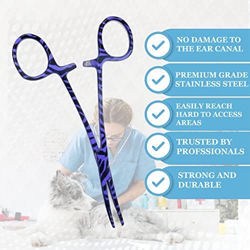 Dog Pet Ear/Nose Hair Puller Grooming Hemostat Locking Forceps Curved Pliers, 5.5" (14cm) Full Serrated Clamps Stainless Steel (Purple Candy Swirls)