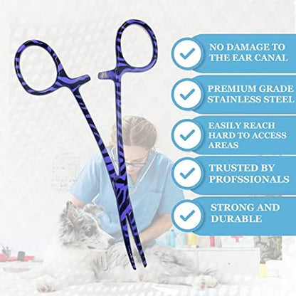Dog Pet Ear/Nose Hair Puller Grooming Hemostat Locking Forceps Curved Pliers, 5.5" (14cm) Full Serrated Clamps Stainless Steel (Purple Candy Swirls)