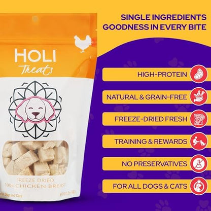 HOLI Freeze Dried Chicken Breast Dog Treats. Single Ingredient Freeze Dried Chicken Treats for Dogs. Healthy All Natural Dog Snack Made from 100% Breast Meat. High Value Training Treat. 7 oz