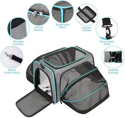 Pet Carrier, Large Soft Sided Expandable Travel Carrier with Steel Frame, Anti-Scratch Mesh, Removable Fleece Pad and Pockets for Cats, Dogs and Small Animals up to 15 lbs (Gray, 5 Sides Expandable)