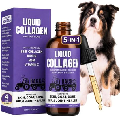 Back 40 Dogs Premium Grass-Fed Liquid Collagen for Dogs Skin and Coat, Hips and Joints | Allergy Relief with Biotin, Vitamin C and MSM for Joint, Nails & Immunity | Made in USA