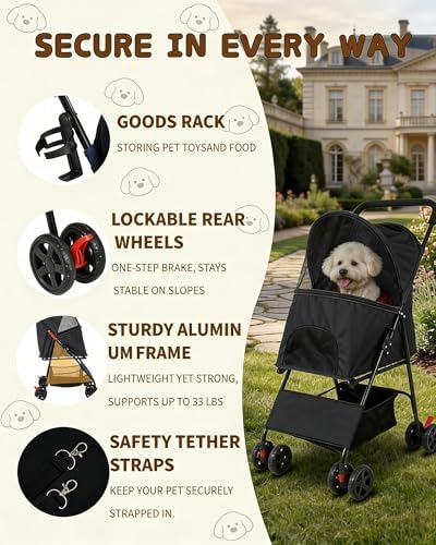 Pet Stroller for Small Dogs Cats, Lightweight Foldable Dog Stroller-Black