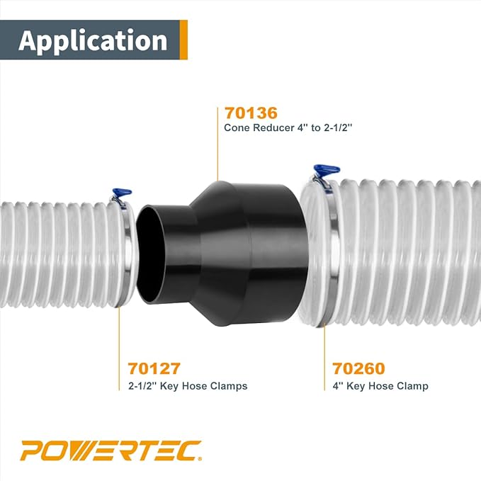 POWERTEC 70338 4-inch Hose to 2-1/2 inch Hose Cone Reducer w/Key Clamp Set