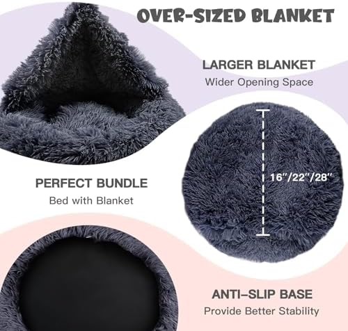 Himax Covered Large Dog Bed with Blanket Attached Calming Burrow Deep Grey