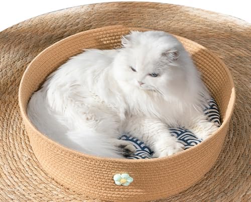 Rattan Cat Litter Pet Bed for Home Pet Supply Pet Sleeping Cat Beds,for All Seasons Cat Hammock Foldable Sleeping Nest Basket Handmade Natural Cradle Scratcher Cuddler for Kitten Cute Style.