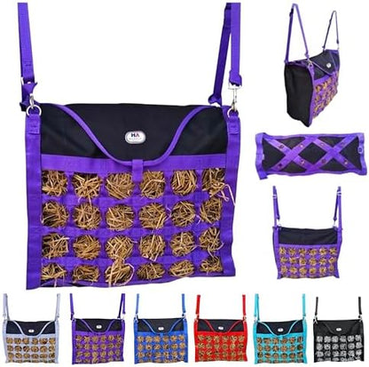 Majestic Ally Animal Health Hay Bag for Horses, 2.5" Holes, Top Load, Travel Feeder, Reduces Waste, 1 Year Warranty, Multiple Colors (Purple-Black)