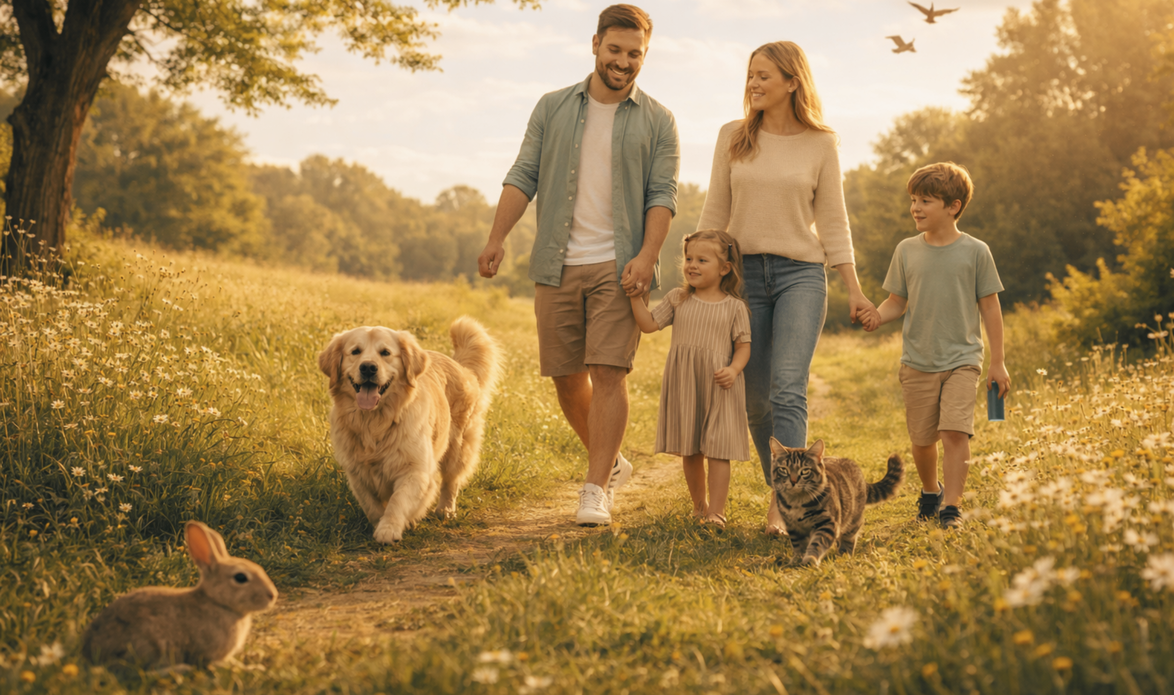 Family walking with pets in a park