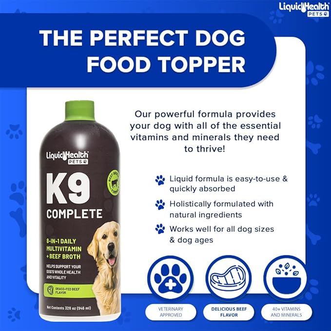 LIQUIDHEALTH Pets K9 Complete 8-in-1 Liquid Multivitamin for Adult Senior Dogs & Puppies, All in One Complete Formula Canine Vitamins for Skin & Coat, Joint Health, Immune Support - USA Made (2 Pack)