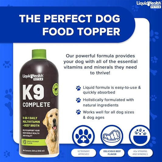 LIQUIDHEALTH Pets K9 Complete 8-in-1 Liquid Multivitamin for Adult Senior Dogs & Puppies, All in One Complete Formula Canine Vitamins for Skin & Coat, Joint Health, Immune Support - USA Made (2 Pack)