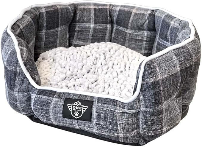 One for Pets Snuggle Pet Bed,Dog Bed, Cat Bed, Removable Washable Octagon Cuddle Bed,Anti Anxiety (Check Pattern, Medium (22.5 Inch))