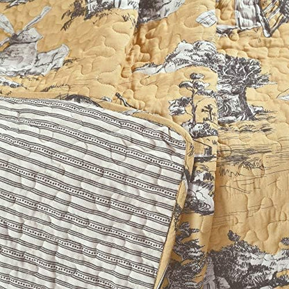 Lush Decor French Country Toile Reversible Cotton Throw Blanket Single 50" W x 60" Yellow & Gray - Yellow Blankets for Bed - Vintage Couch Blanket