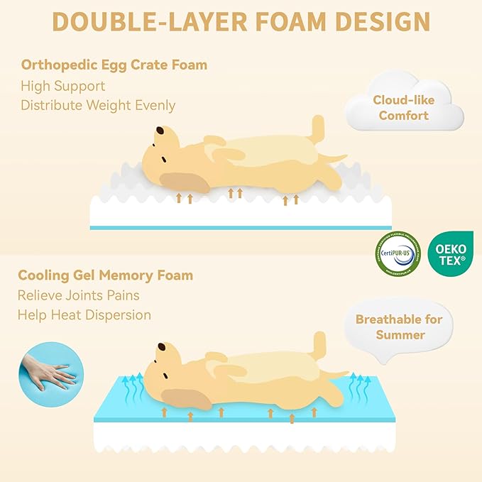 Orthopedic XL Dog Beds, Waterproof Memory Foam Big Bolster Pet Bed for Extra Large Sized Dogs 45x35Inch, Non-Slip Bottom and Egg-Crate Foam Dog Couch Bed with Washable Removable Cover, Grey